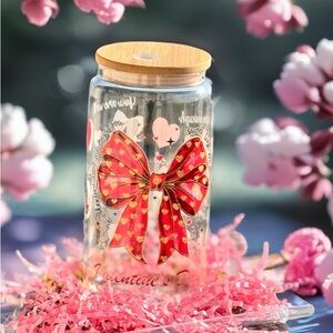 Tea n Cup Glass Jar with Red Bow and Bamboo Lid